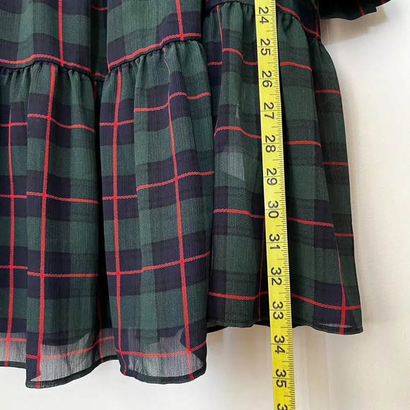 J.Crew Tie-Neck Tiered Dress Black Watch Tartan Plaid XXS Red Green Holiday - Picture 10 of 12